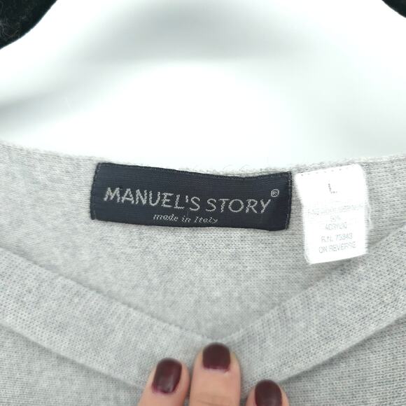 Emanuel's Story Quiet Luxury Light Grey Boat Neck Boxy Sweater Crochet Detail L - Picture 4 of 9